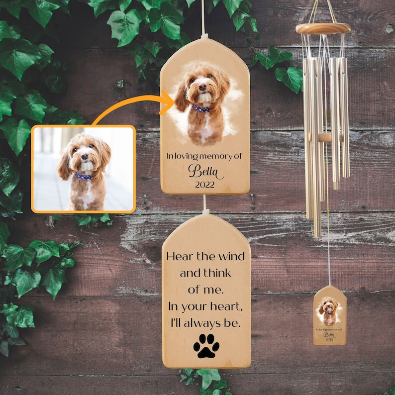 Personalized pet memorial wind chime with watercolor pet portrait - cross-sell bundle